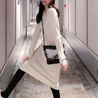 Long-sleeve Button-front Plain Dress