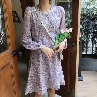High-waist Long-sleeve V-neck Floral Dress