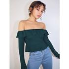 Lightweight Boatneck Ruffled-trim Cropped Knit Top