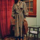 Lantern-sleeve Plaid Trench Coat As Shown In Figure - One Size