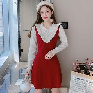 Mock Two-piece Polo-neck Knit A-line Dress