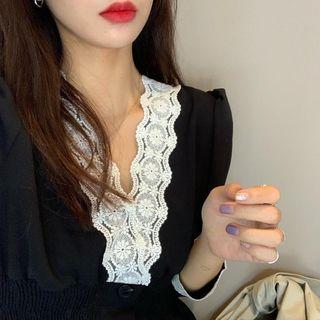 Lace V-neck 3/4-sleeve Dress Black - One Size