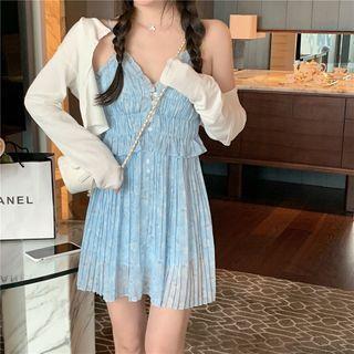 Floral V-neck Ruffle Trim Chiffon Dress / Cropped Knit Cardigan