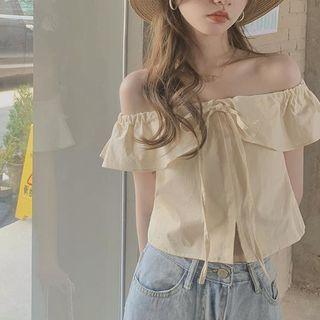 Short-sleeve Ruffle Off Shoulder Top As Shown In Figure - One Size