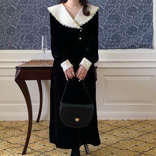 Long-sleeve Collared Lace Trim Velvet Midi A-line Dress Black - One Size