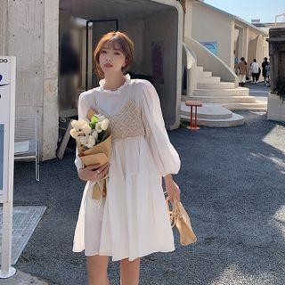 Set: Long-sleeve A-line Dress + Crochet Knit Cropped Camisole Top