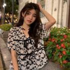 Puff-sleeve Floral Print Drawstring Blouse White - One Size