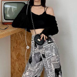 Long-sleeve Open-back Crop Top / Newspaper Print Wide Leg Pants