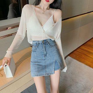 Light Cardigan / Spaghetti Strap Top / Denim Skirt