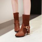 Buckled Paneled Block-heel Short Boots
