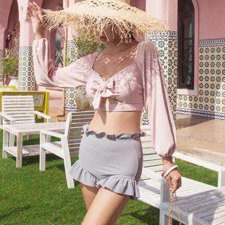 Set: Long-sleeve Front Knot Swim Top + Frill Trim Bikini Bottom