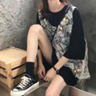 Set: Plain Loose-fit T-shirt + Lace Sequined Sleeveless Top As Figure - One Size