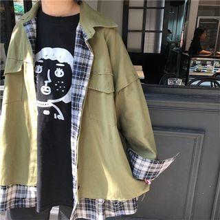 Mock Two-piece Plaid-panel Buttoned Cargo Jacket