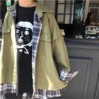 Mock Two-piece Plaid-panel Buttoned Cargo Jacket