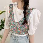 Plain Puff-sleeve T-shirt / Flower Print Cropped Camisole
