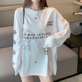 Smiley Face Print Long-sleeve T-shirt White - One Size