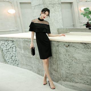 Short-sleeve Mesh Panel Ruffled A-line Cocktail Dress