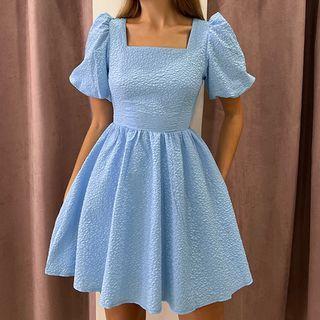 Puff Sleeve Square-neck Textured Mini A-line Dress