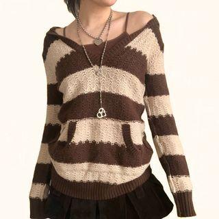 Long-sleeve Striped Pointelle Knit Hooded Sweater