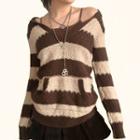 Long-sleeve Striped Pointelle Knit Hooded Sweater