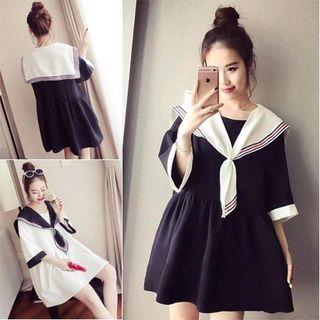 Striped Sailor Collar 3/4 Sleeve Dress