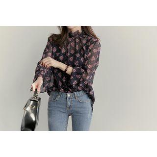 Floral Patterned Frilled-neckline Chiffon Top