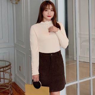Set: Mock-neck Long-sleeve T-shirt + Corduroy A-line Skirt