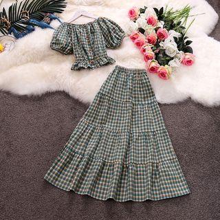 Set: Plaid Puff-sleeve Blouse + Midi A-line Skirt