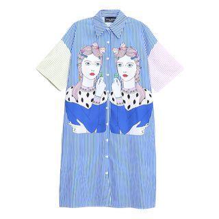 Short-sleeve Print Shirt Dress Blue - One Size