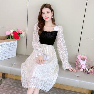 Long-sleeve Contrast Trim Lace A-line Dress