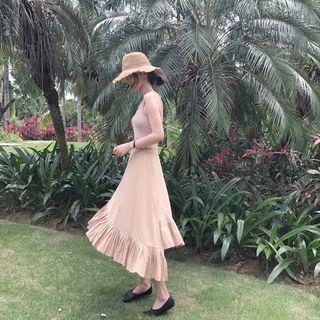 Set: Plain Tank Top + Ruffle Hem Maxi Skirt