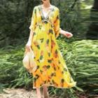 3/4-sleeve Printed Midi A-line Beach Dress Pineapple - Yellow - One Size