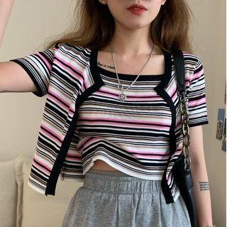 Set: Short-sleeve Striped Cardigan + Spaghetti Strap Knit Top