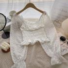 Long-sleeve Off-shoulder Floral Blouse White - One Size