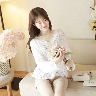 V-neck Scallop-hem Pointelle-knit Top
