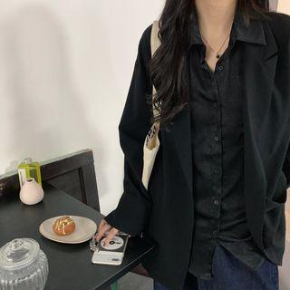 Long-sleeve Plain Shirt Dark Black - One Size