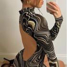 Long-sleeve Printed Open Back Mini Sheath Dress