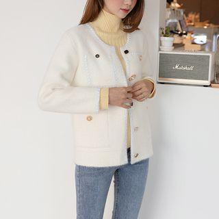 Crochet-trim Faux-gem Button Jacket Ivory - One Size