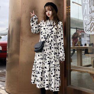 Print Long-sleeve Tie-neck A-line Midi Dress