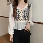 Lantern-sleeve Embroidered Perforated Blouse