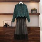 Round Neck Sweater / Plaid Midi A-line Skirt / Set