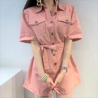 Tie-waist Elbow-sleeve Cargo Playsuit