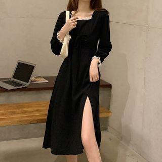 Long-sleeve Square-neck Slit A-line Dress