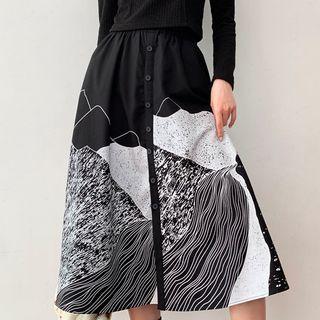 Print Button-up Midi Skirt