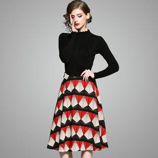 Set: Mock Collar Sweater + Patterned A-line Skirt