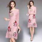 Floral Embroidered 3/4-sleeve Lace Dress
