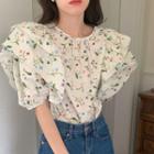 Puff-sleeve Ruffled Floral Blouse Floral - Green - One Size