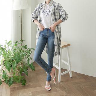 Pocket-detail Checked Long Shirt Navy Blue - One Size