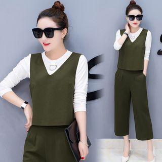 Set: Plain Long Sleeve T-shirt + Vest + Culottes
