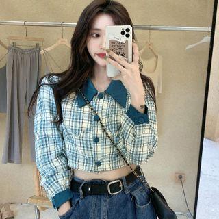 Long-sleeve Plaid Cropped Blouse